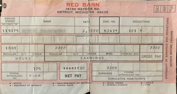 Red Barn Restaurant - Old Pay Stub - Office Was On Myers In Detroit (newer photo)